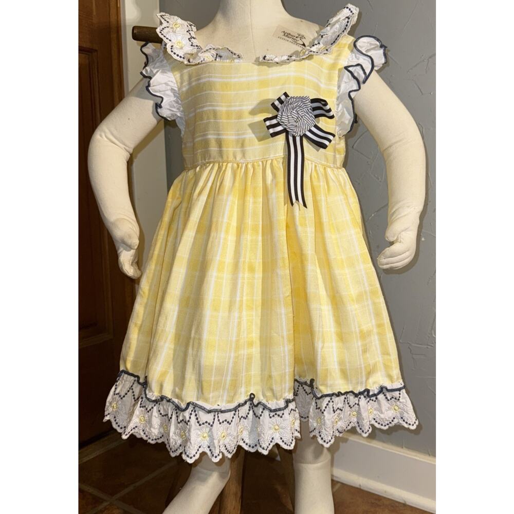 Pettigirl Dress Girls 2T Yellow Plaid Eyelet Lace Ruffle Bow Party Sun Dress